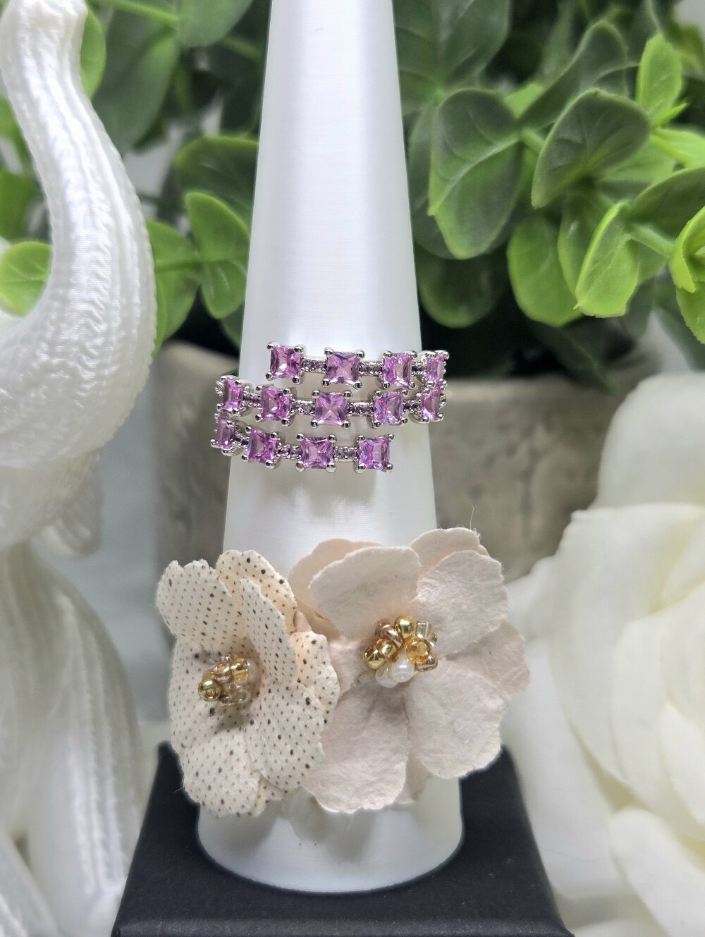 Rose Quartz Triple-Row Cubic Zirconia Silver Wrap Style Fashion Ring